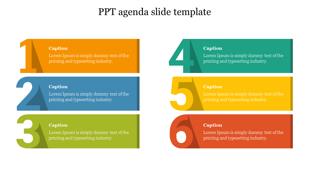 Agenda slide with six colorful numbered sections in orange, blue, green, teal, yellow, and red shades.