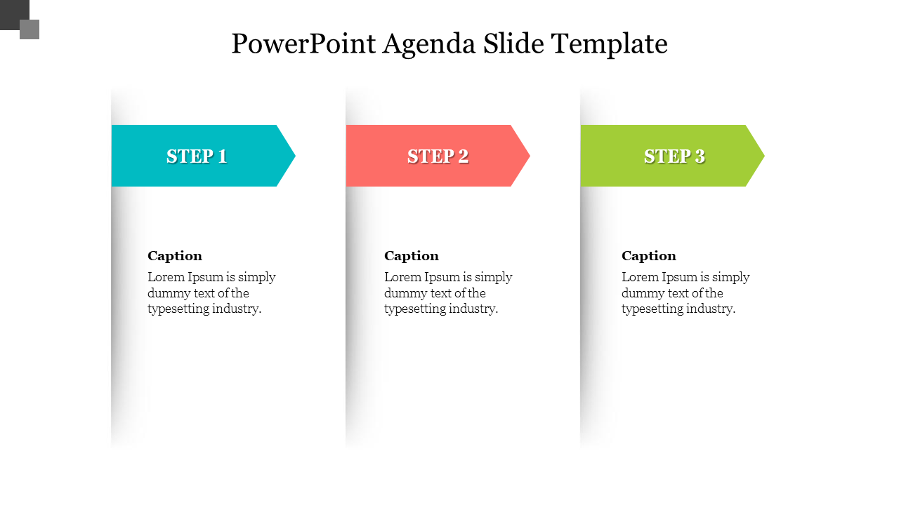 Agenda slide with three colored flags in teal, orange, and green, each labeled with step numbers and captions below.