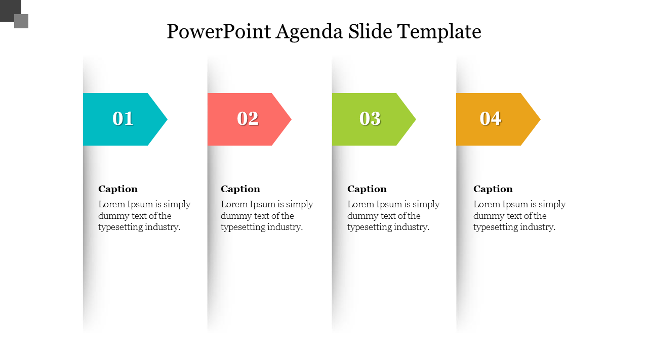 Agenda slide with four colored sections labeled 01 to 04, each with a caption area for text.