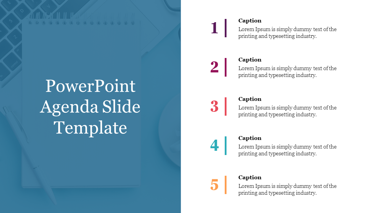 Agenda template featuring color-coded numbers and aligned text sections for easy readability.