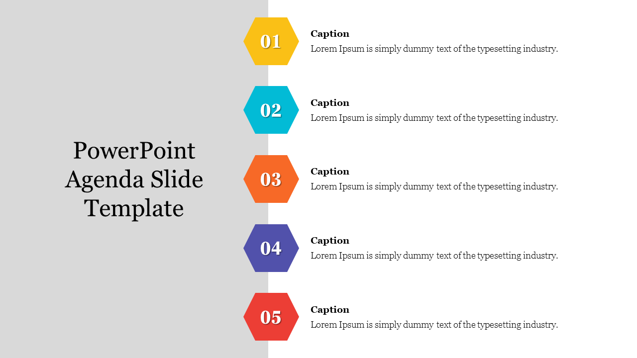 Agenda slide with five numbered hexagons in yellow, teal, orange, blue, and red, arranged vertically with captions.