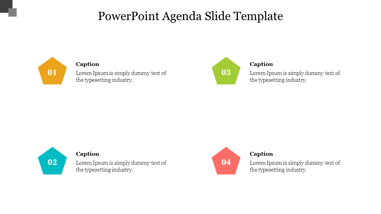 A colorful PowerPoint agenda slide with hexagonal numbered captions and placeholder text for each section.