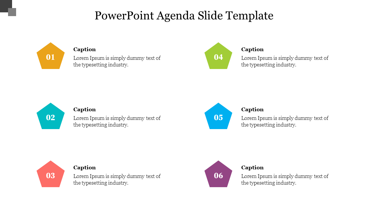 Color-coded agenda layout featuring six hexagonal icons numbered 1 to 6, each with a caption area.