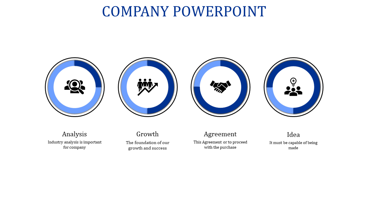 Icon centric slide with four blue and white circles showcasing key elements of analysis, growth, agreement and ideas.