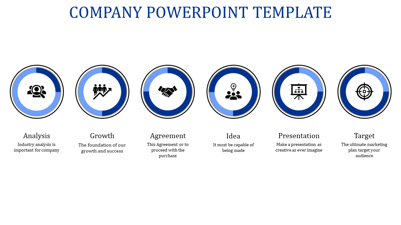 Minimalist company slide with six circular icons symbolizing key business concepts, arranged in a straight line.