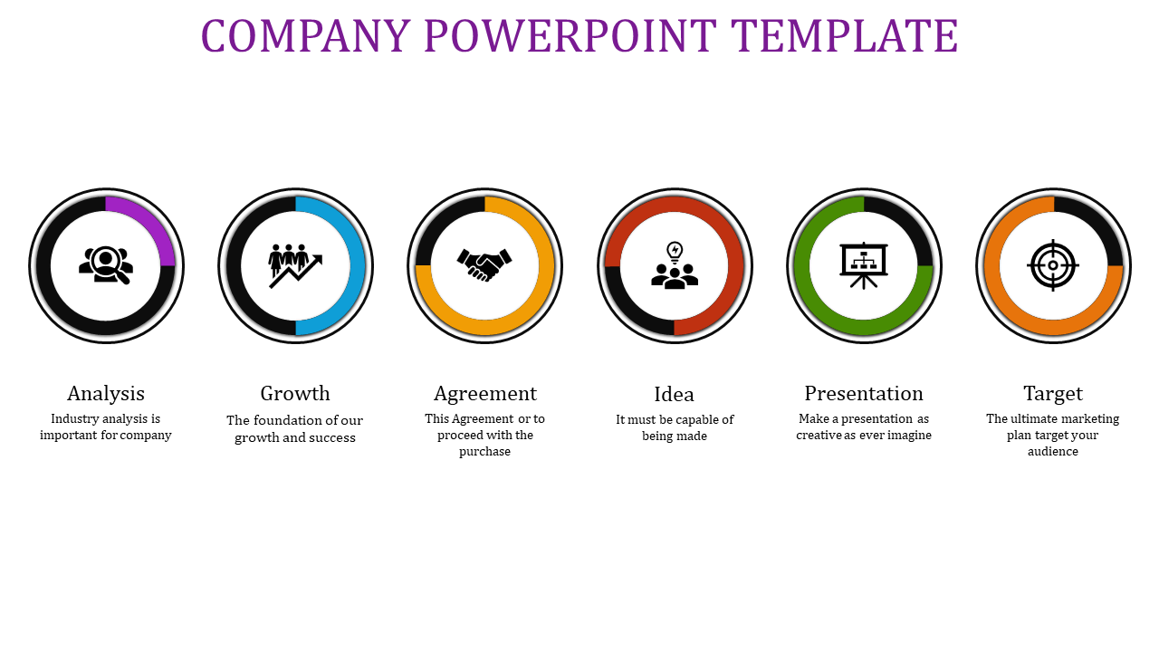 Company PPT slide showcasing six key elements analysis, growth, agreement, idea, presentation, and target with icons.