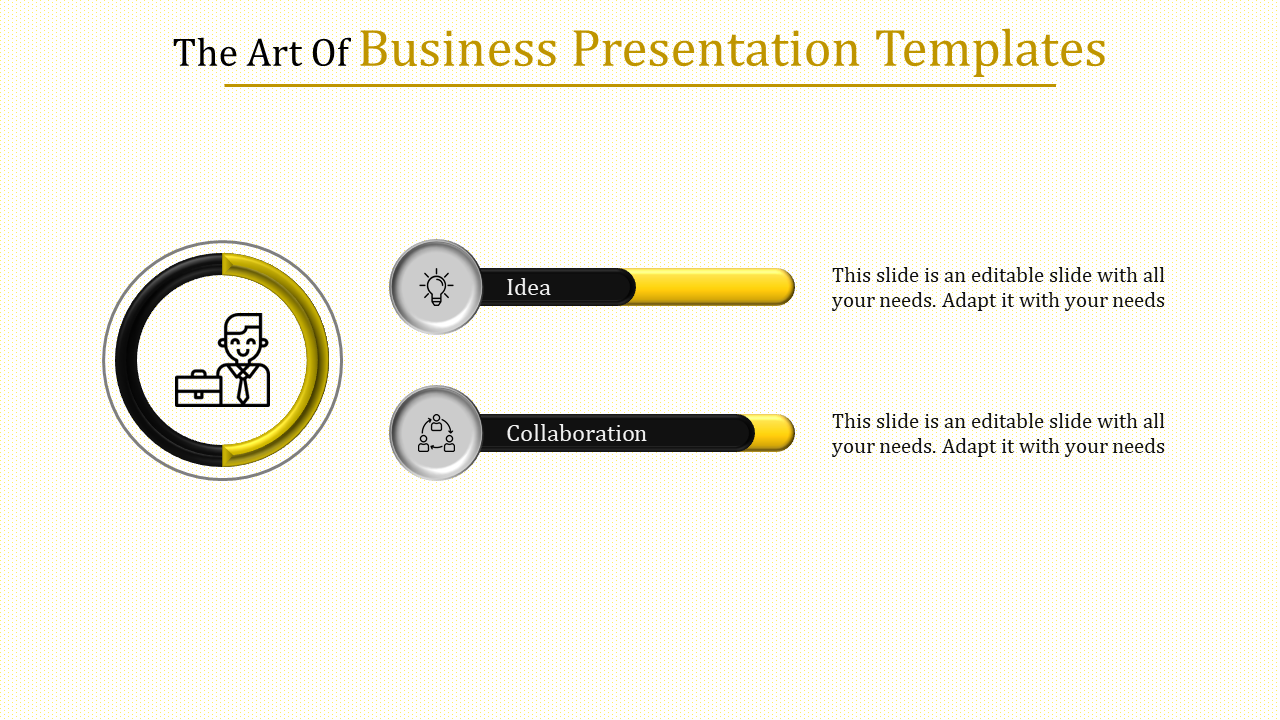 Business template showing progress bars for idea and collaboration with icons and yellow highlights.