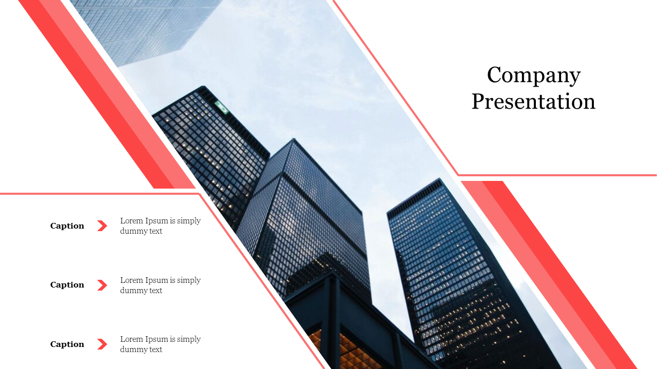 A company presentation slide with an image of skyscrapers and three caption areas for additional text.