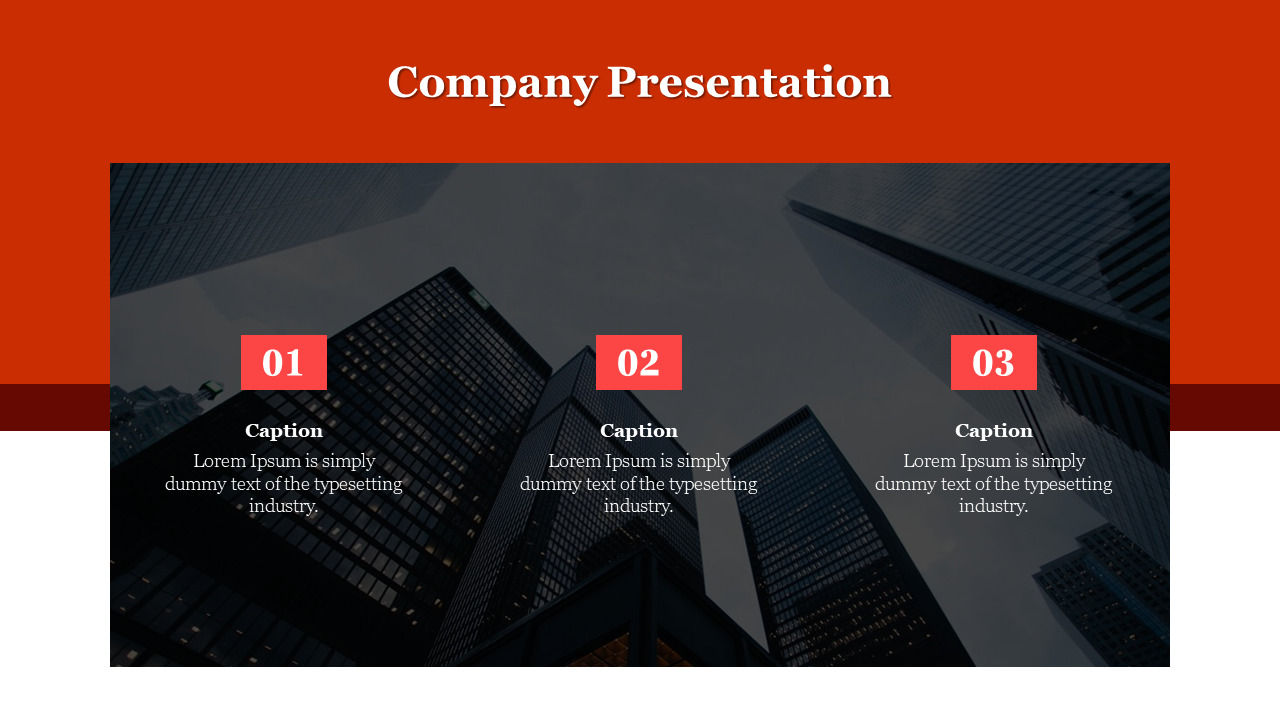 Company slide with a dark city skyline image and three numbered text boxes, on a red and white backdrop.