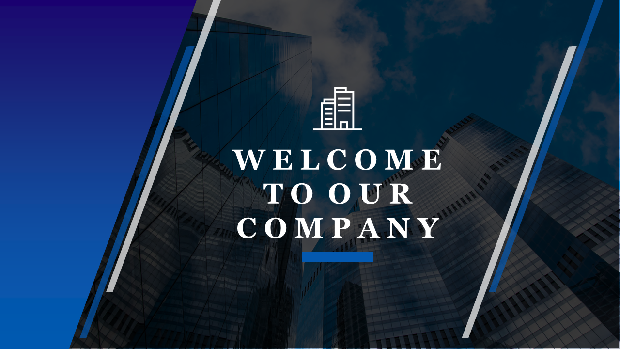 A welcome message with a city skyline background and a building icon, on a blue gradient background.