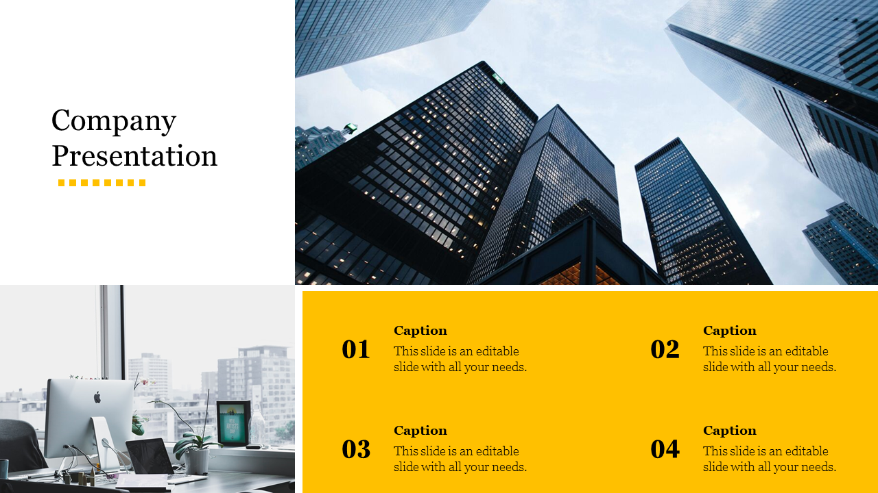 Company presentation slide with skyscraper image above a grid layout featuring yellow placeholder text areas.