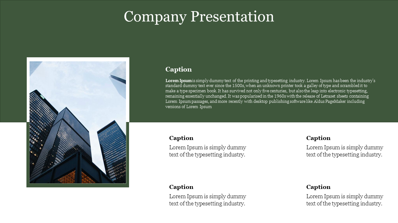 Company presentation slide with an image of a city skyline and captions, on a green and white background.