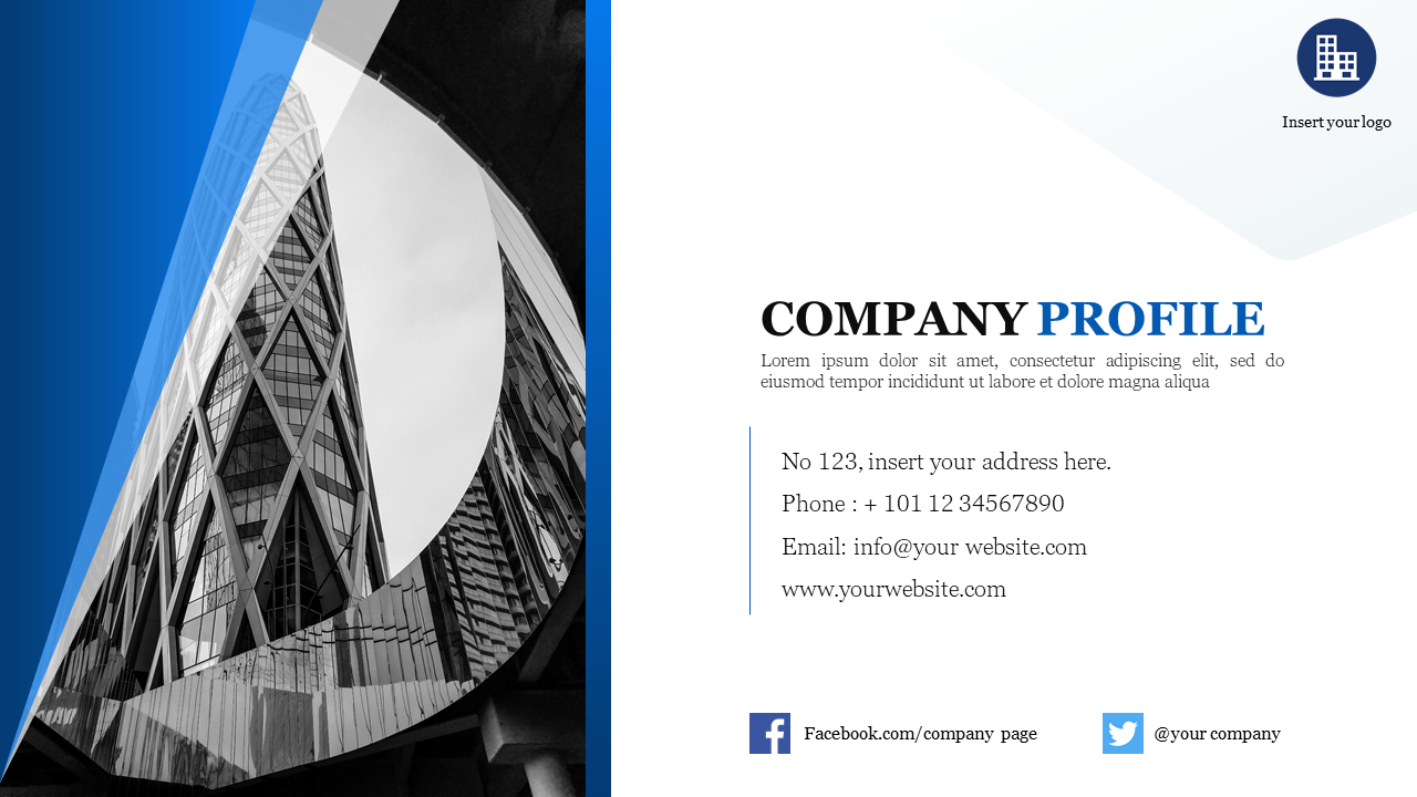 Company profile slide with a black-and-white skyscraper image and a blue overlay with the details on the left.