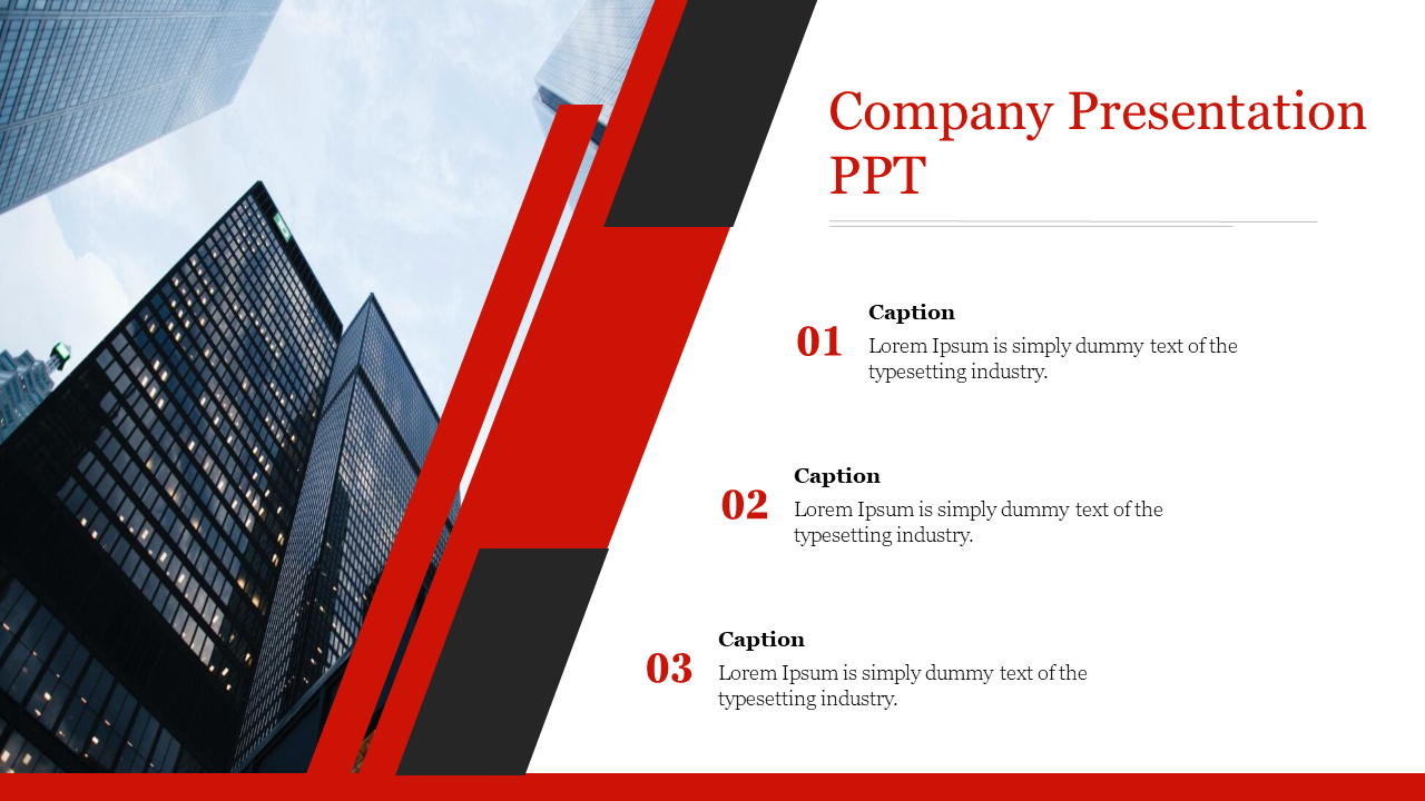 Company slide with skyscraper imagery and red geometric design featuring three caption areas on a white background.