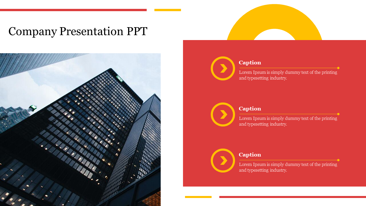 A company PowerPoint template with a modern cityscape and three sections for captions.