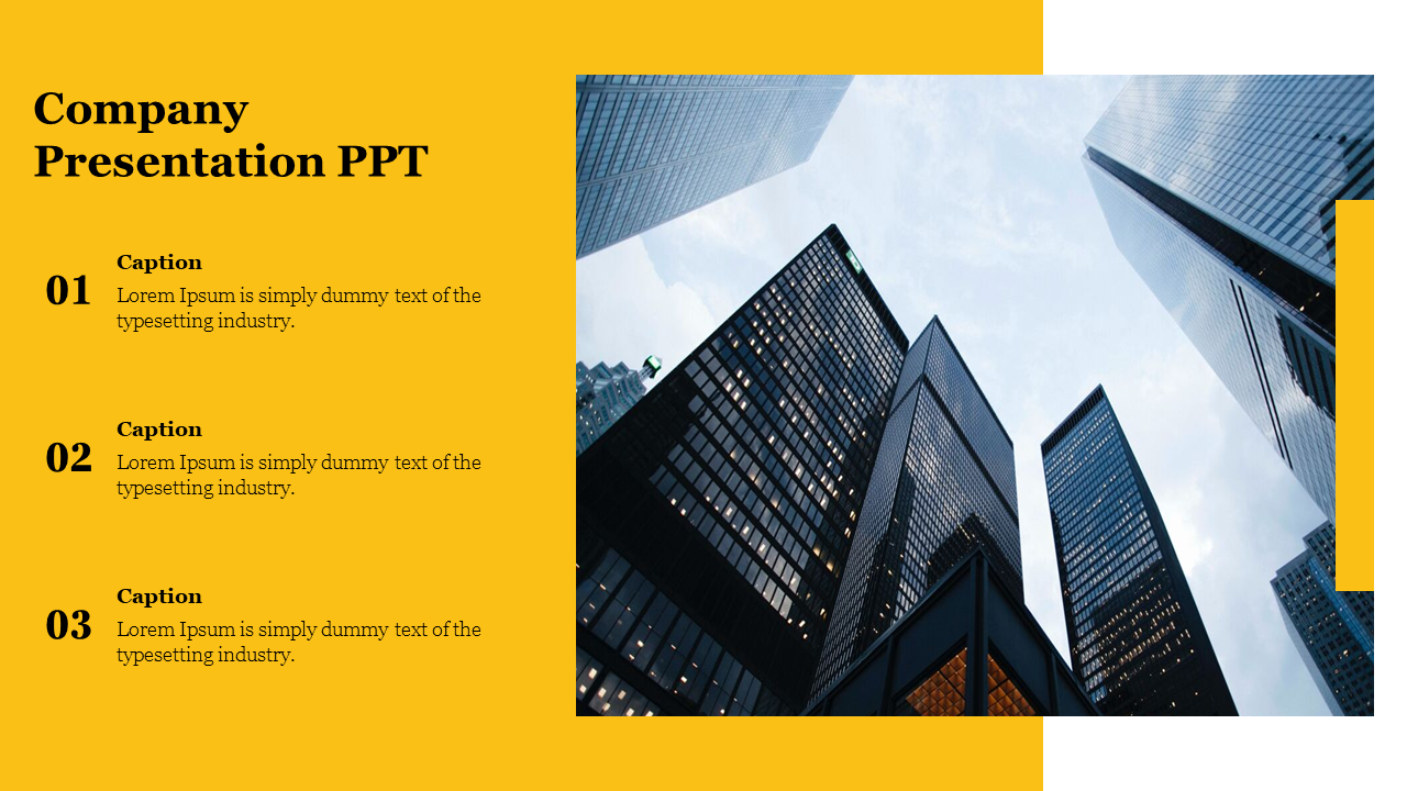 Modern company template featuring a cityscape on the right and numbered captions areas on yellow.