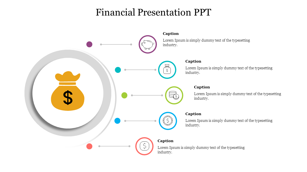 Financial  slide featuring a money bag icon and five related icons with placeholder text areas.