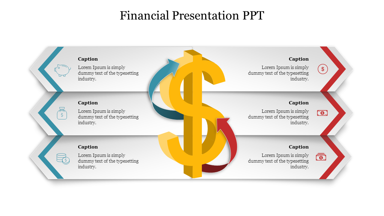 Financial slide with three caption areas and icons on each side, centered around a large yellow dollar sign with arrows.