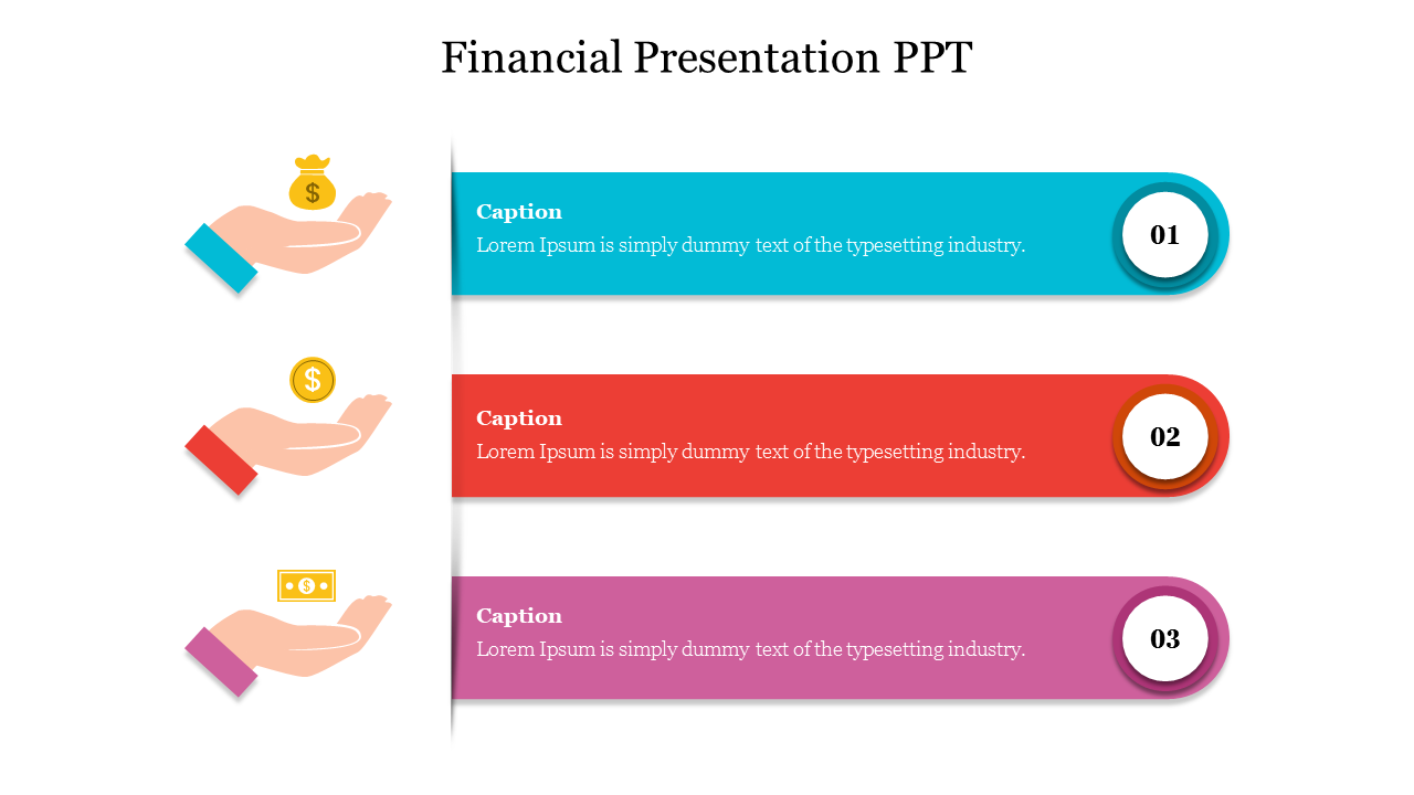 Financial slide with three bars, each showing a hand holding various money types, plus a number and caption areas.