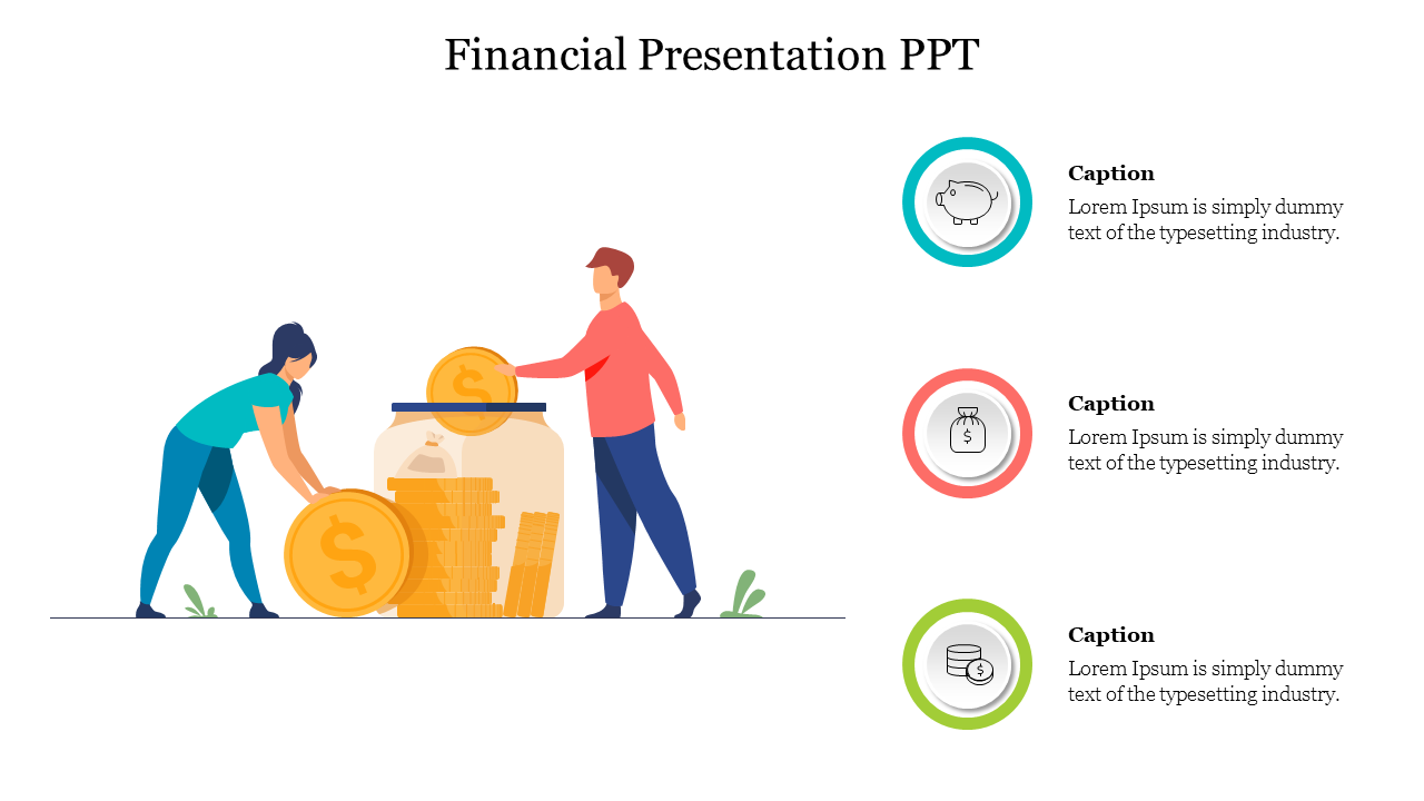 Financial slide featuring two figures placing large coins into a jar of money, with three placeholder text areas.