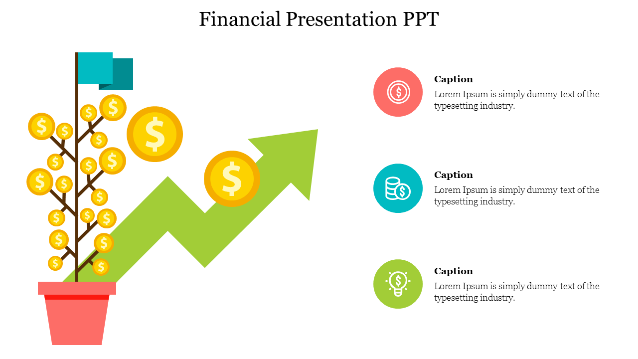 A colorful financial growth illustration featuring a plant growing money with a rising green arrow with captions.