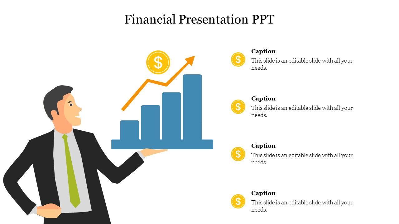 PowerPoint slide featuring a man presenting a bar graph with rising values and dollar signs for a financial presentation.