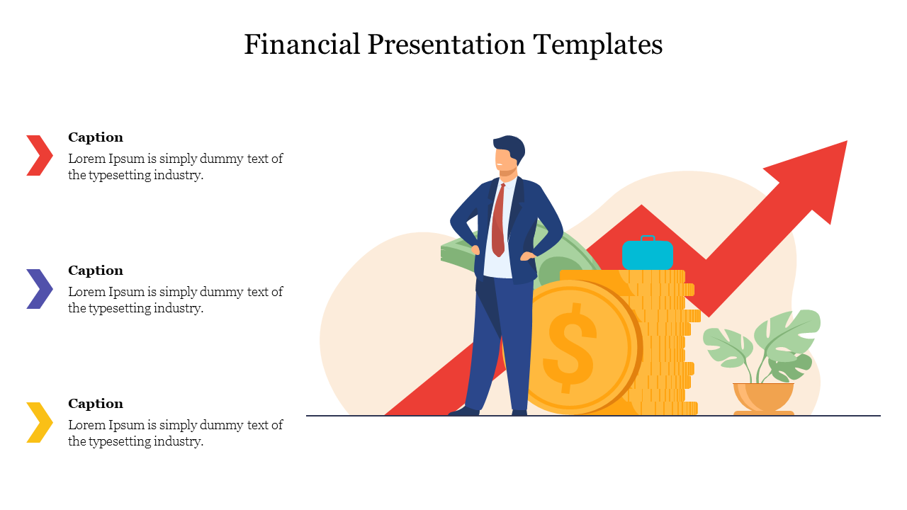 A financial slide shows a man in a suit with a growing red arrow, coins, and plants symbolizing success with captions.