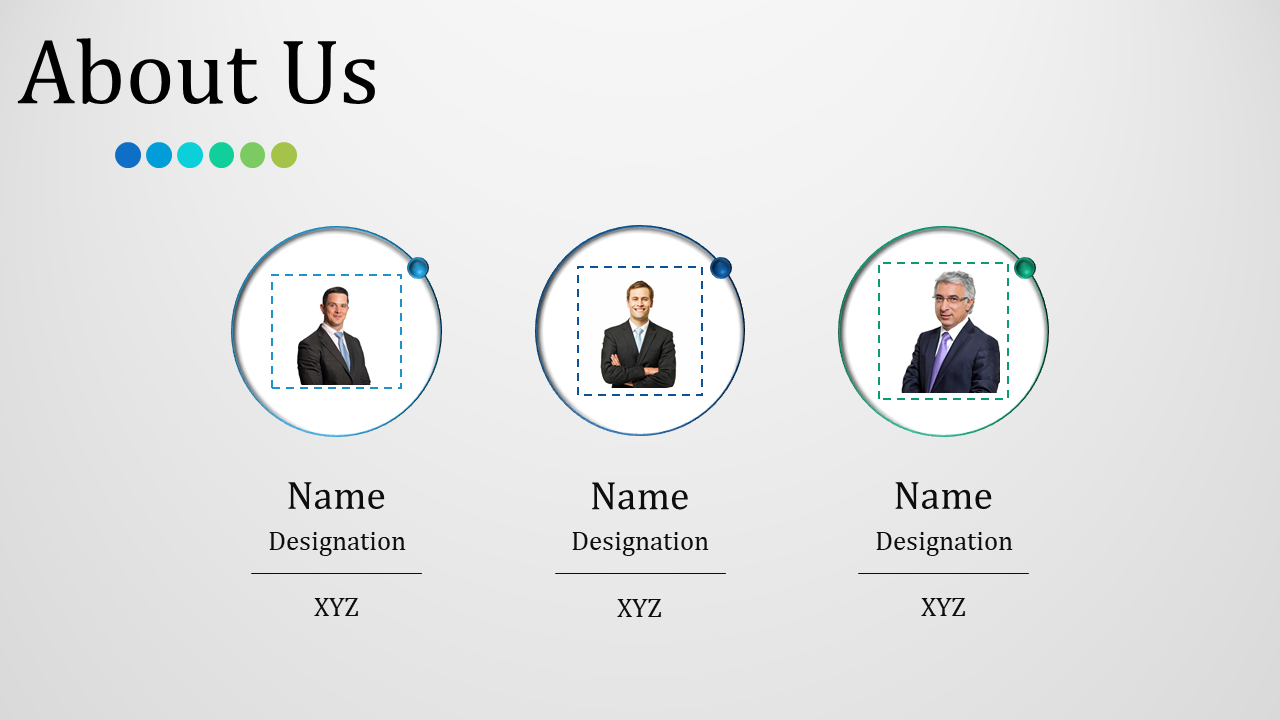 About us slide featuring three circular photo frames with names, designations, and dotted line borders.