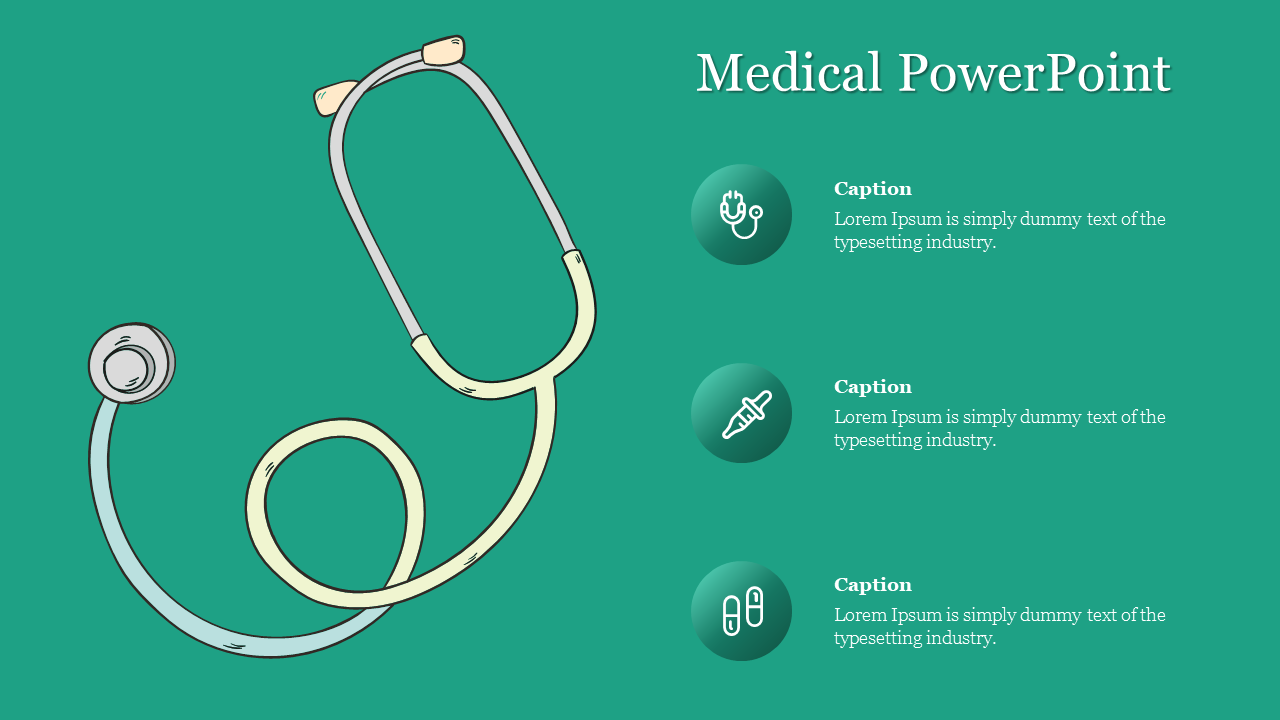 Medical template featuring a stethoscope illustration on the left, along with three circular icons and placeholder areas.