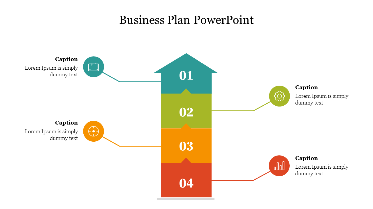 A colorful PowerPoint slide featuring a business plan layout with icons and numbered sections for key business processes.