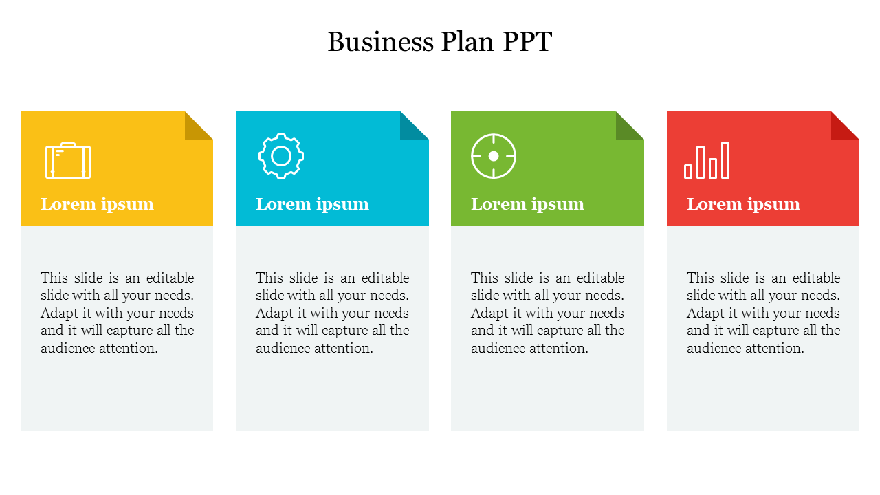 A colorful business plan slide featuring icons for a camera, gear, compass, and bar chart with text placeholders.