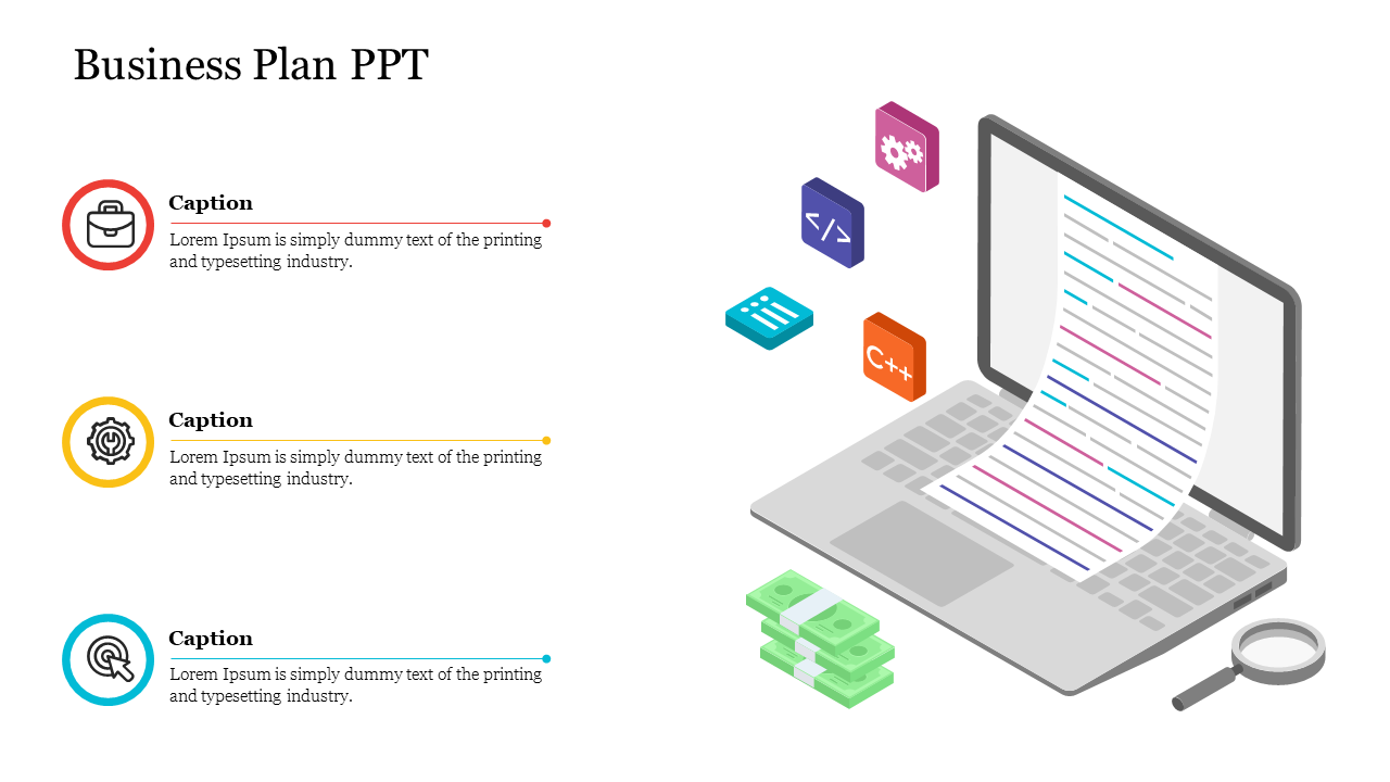 Business template slide showcasing a laptop with a rolling document, coding icons, and financial-related visuals.