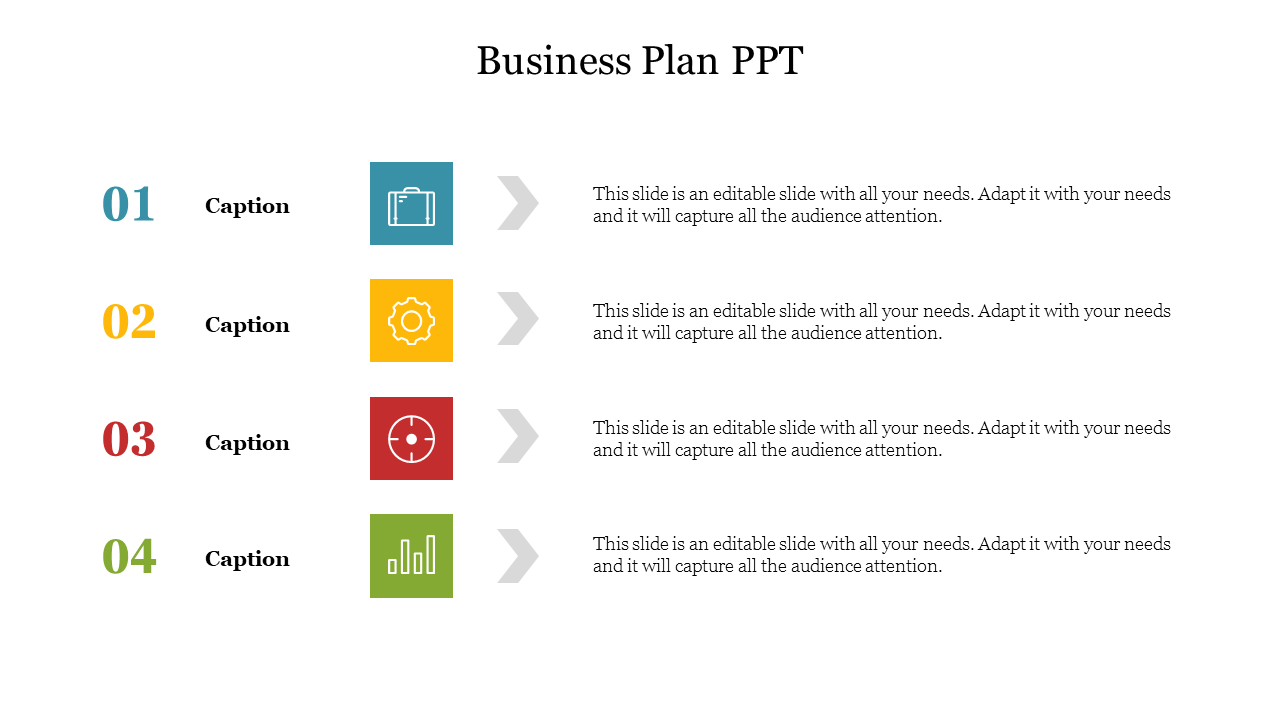 Business plan slide with four numbered steps, colorful icons, and descriptive text arranged in a vertical layout.