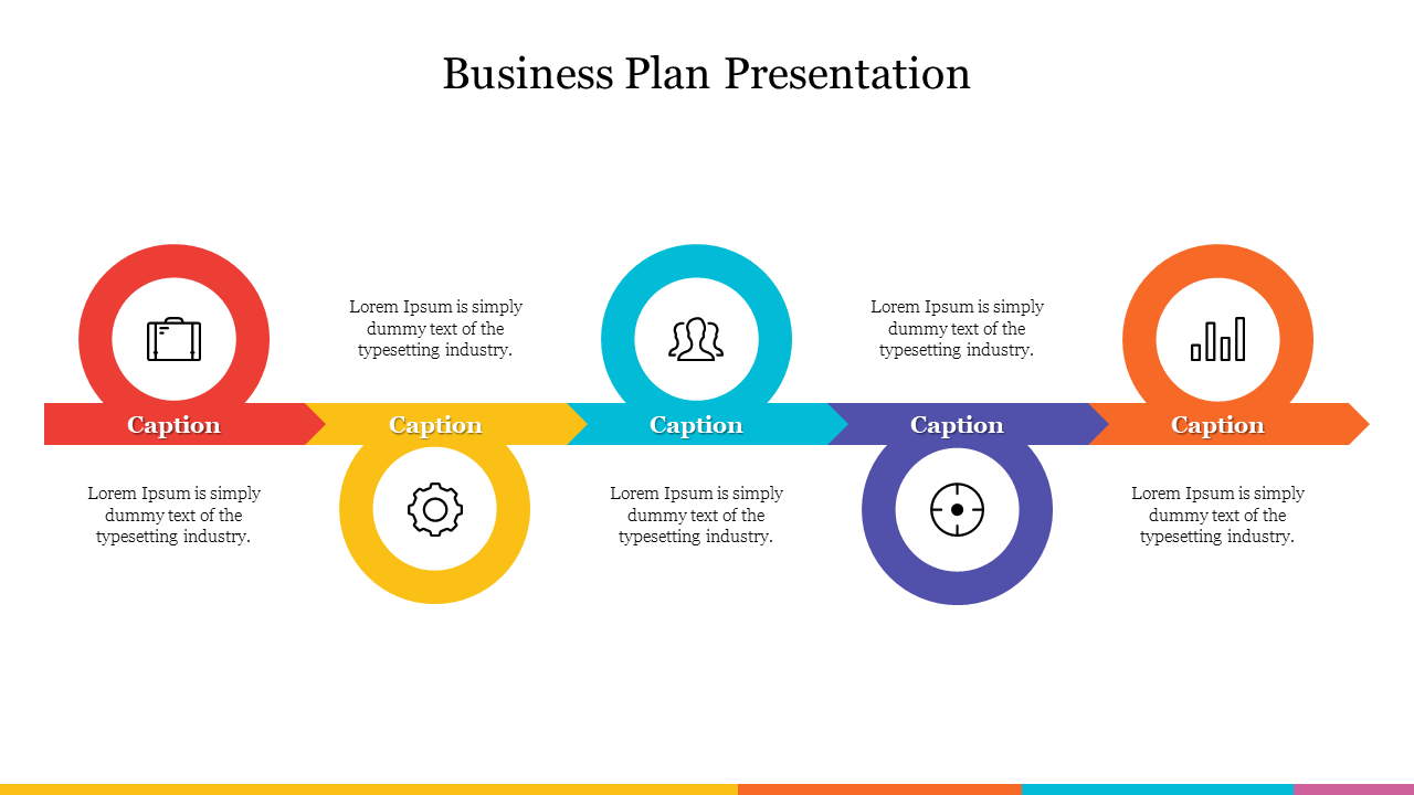 Five-segment business plan layout with circular icons representing suitcase, team, gear, target, and growth chart.