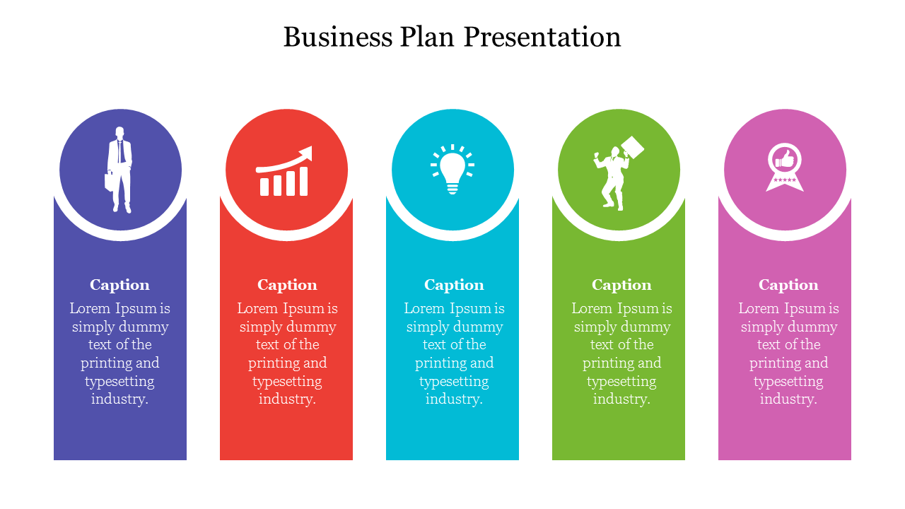 Business slide with five colorful sections, each with circular icon and caption in blue, red, teal, green, and pink columns.