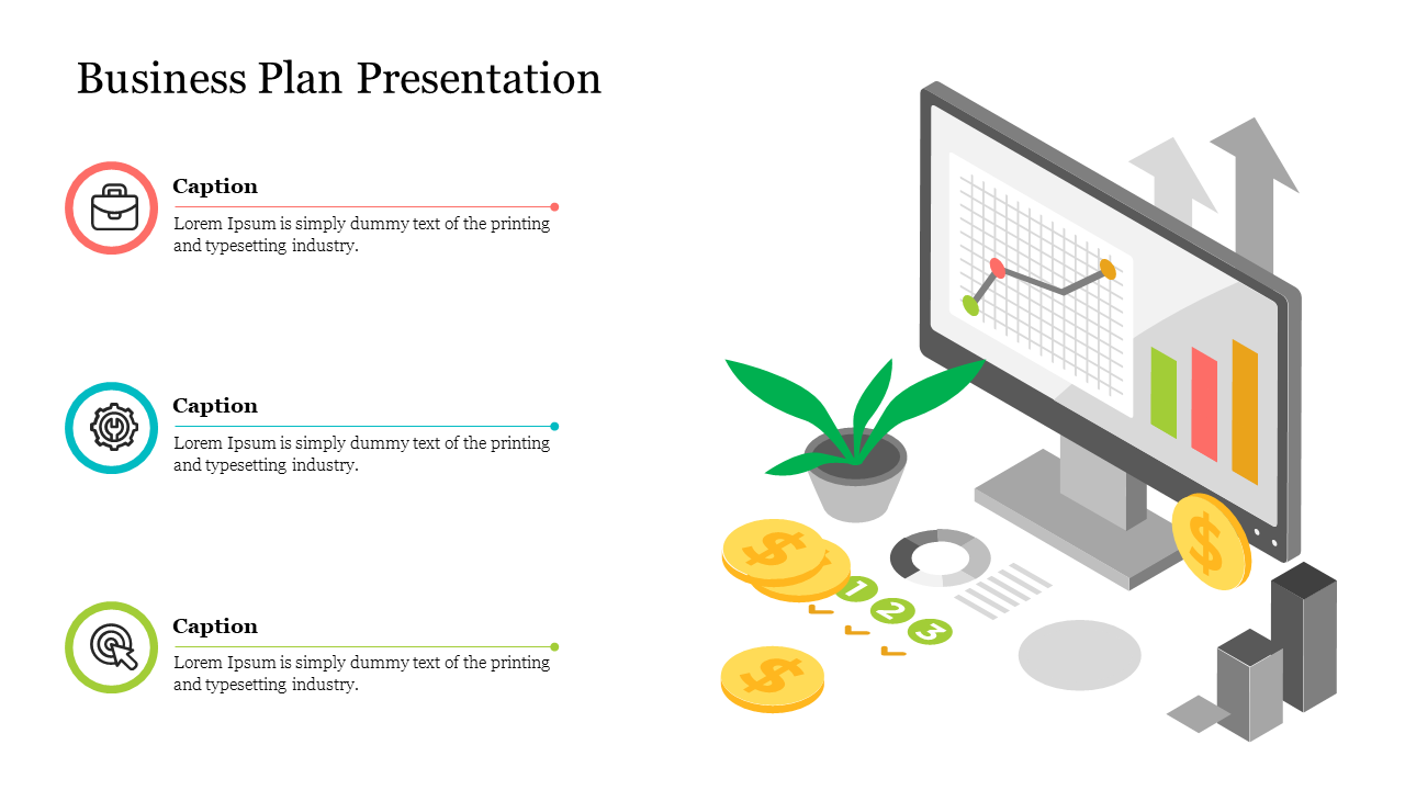 Business plan slide with three colorful icons and captions on the left, and a 3D illustration of a computer and charts.