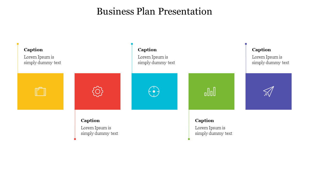 Infographic for business plan with icons in yellow, red, green, blue, and purple squares, each with a descriptive caption.