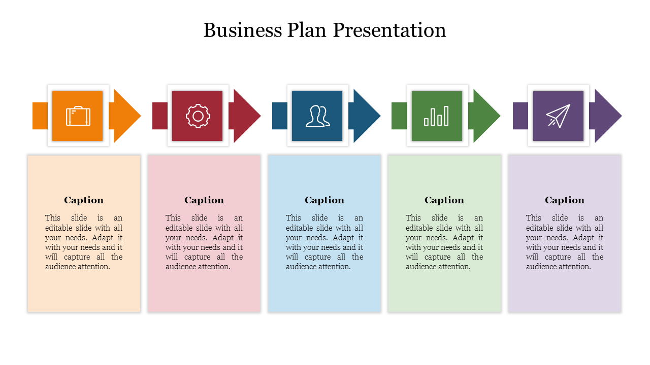 Business plan presentation with a flow of colorful arrows and blocks, each containing icons and captions.