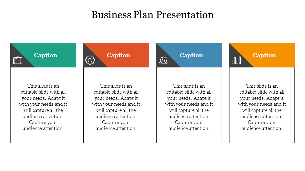 Business plan layout with four colored blocks showing briefcase, gear, team, and chart icons, each with caption areas.