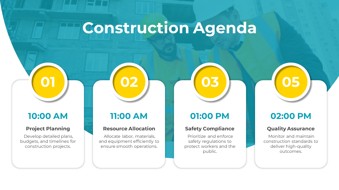 Construction slide with tasks at different times, in white boxes with yellow numbered circles on a blue background.