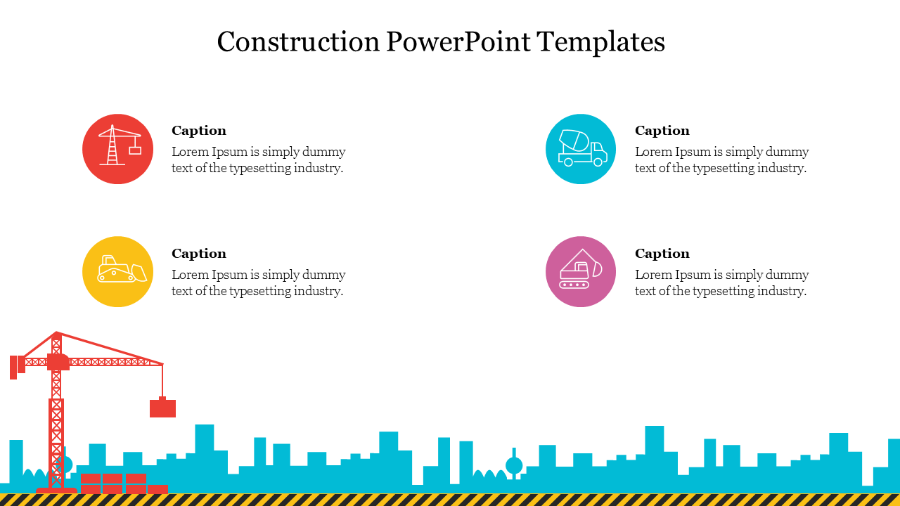 Construction PowerPoint slide with colorful icons and Lorem Ipsum text.