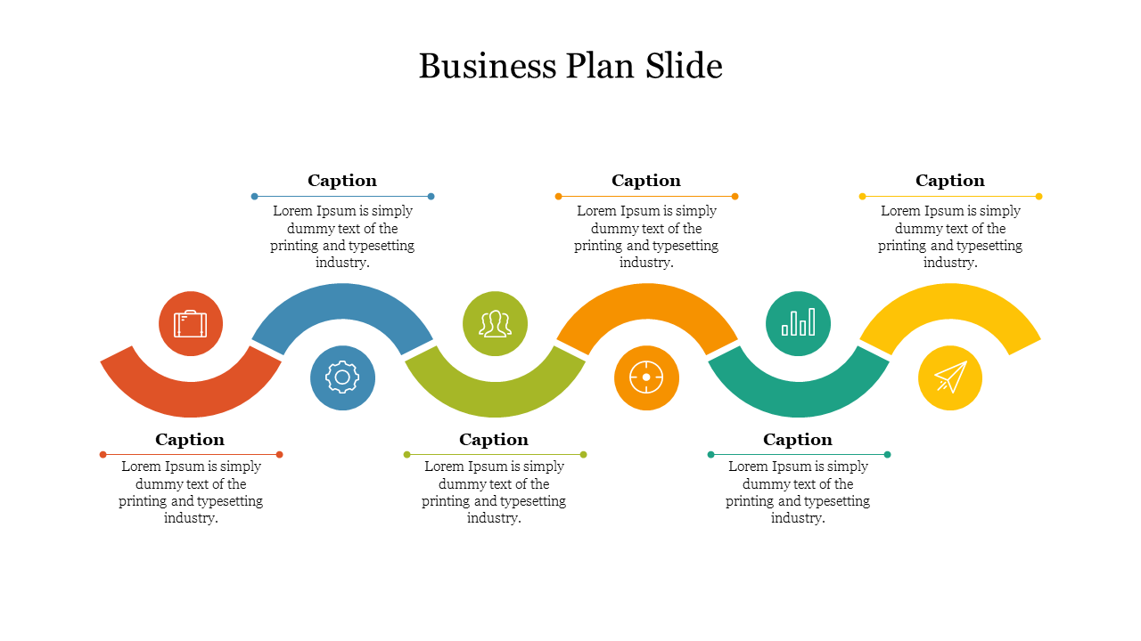 Business plan slide with a wavy design in red, blue, green, orange, teal, and yellow sections, featuring icons and captions.