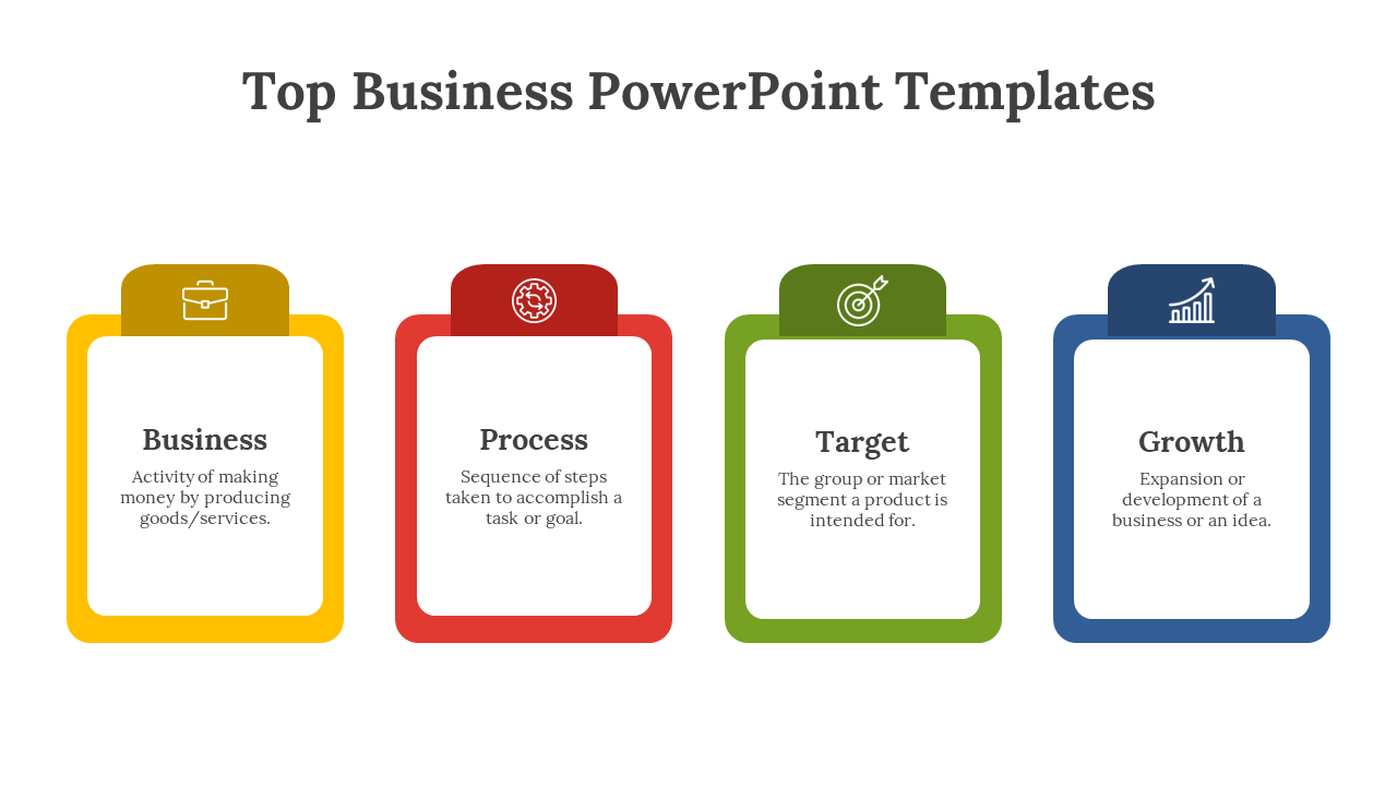 Top business PowerPoint template showing four colorful blocks representing business, process, target, and growth.