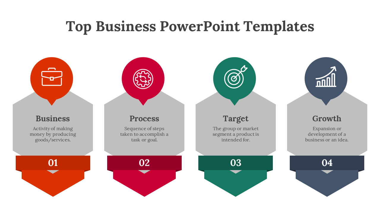 Slide showcasing four key business concepts business, process, target, and growth, with definitions and icons.