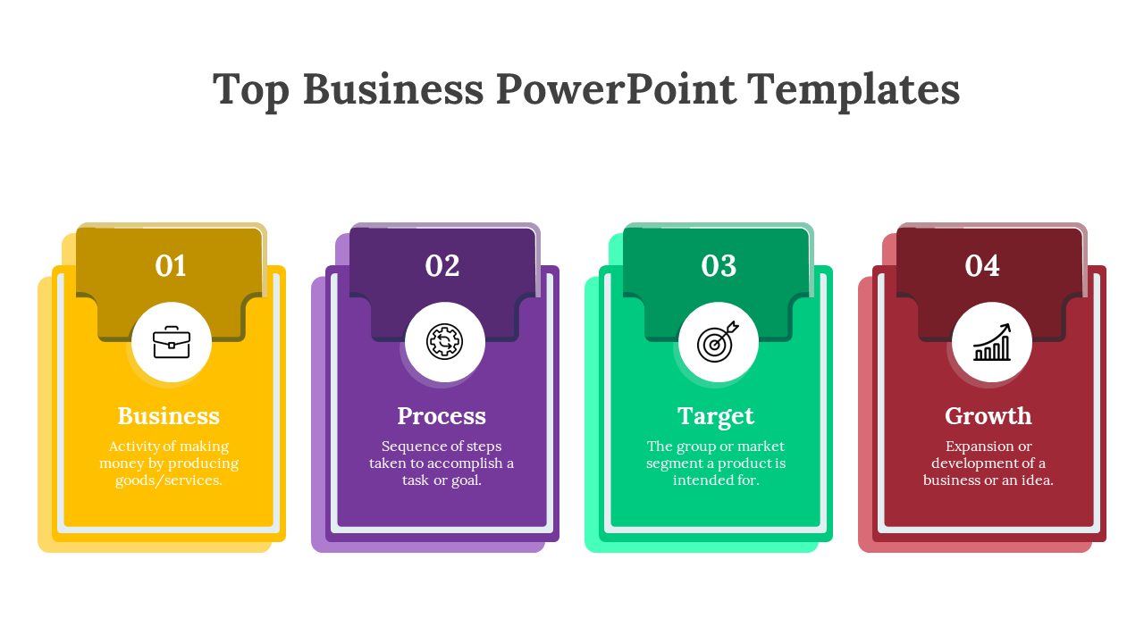 Top business PowerPoint template featuring four colorful sections business, process, target, and growth, each with an icon.