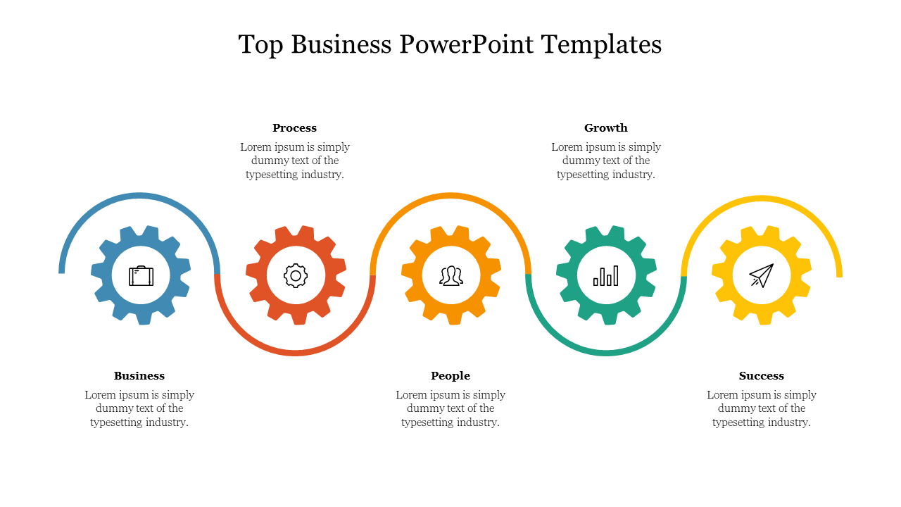 Business slide with a wavy line connecting gears in blue, red, orange, green, and yellow, representing business processes.