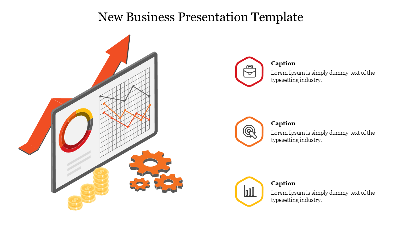 Business slide with a 3D graph illustration, gears, coins, and an upward arrow, with three captions on the right.