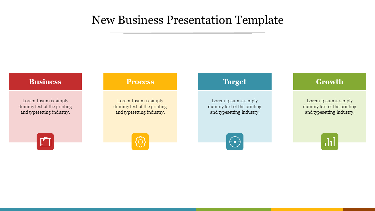 Four horizontal blocks in distinct colors, each with an icon and placeholder text areas, labeled from business upto growth.