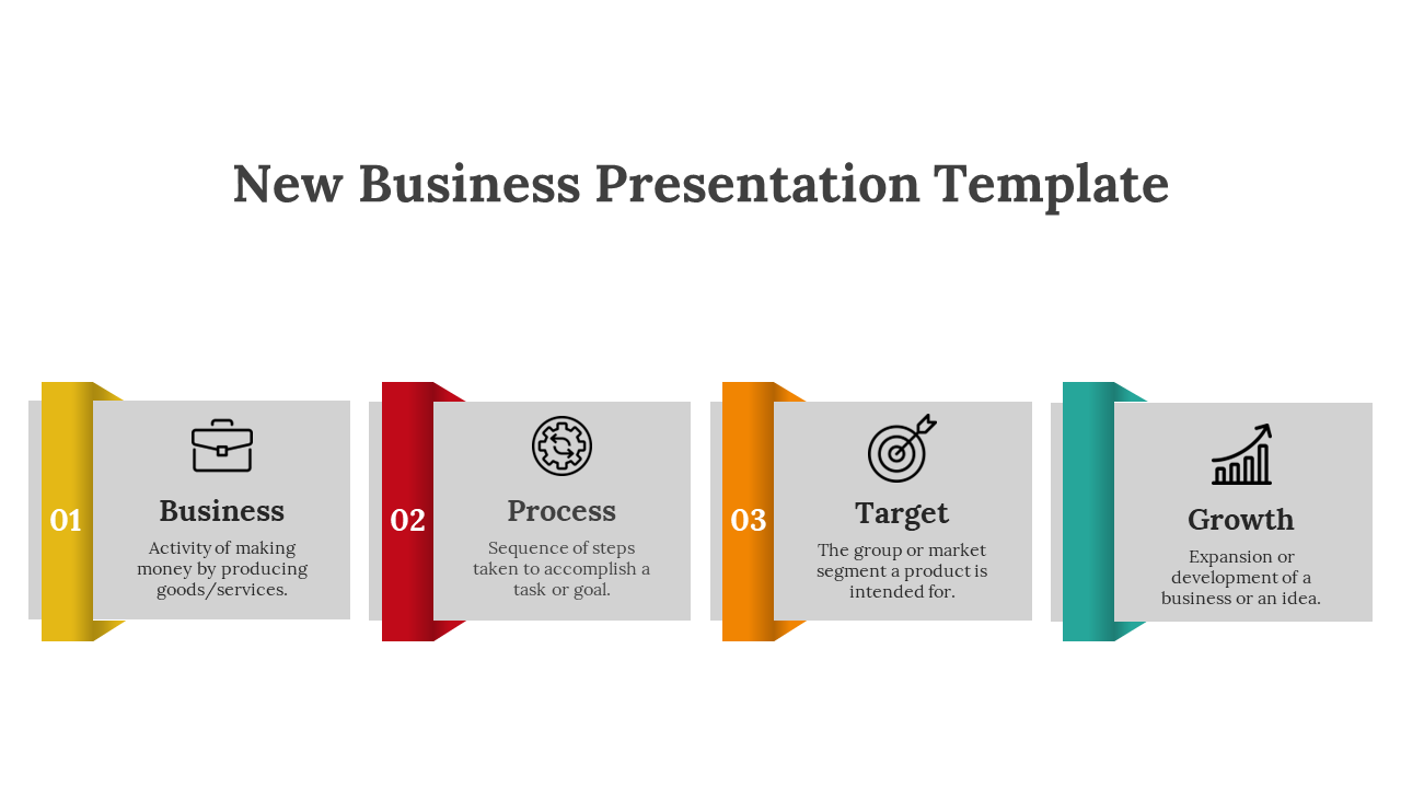 Four blocks titled business, process, target, and growth with icons like a briefcase, gear, target, and chart.