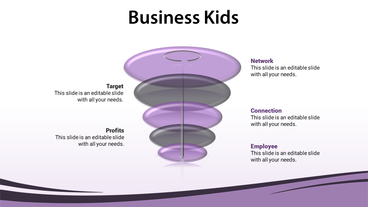 Business themed slide with a translucent 3D funnel and descriptive sections highlighting various aspects of business.